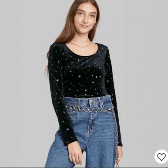 Wild Fable Black Velvet Whimsygoth Stars Moons Backless Bodysuit Small - Picture 10 of 11